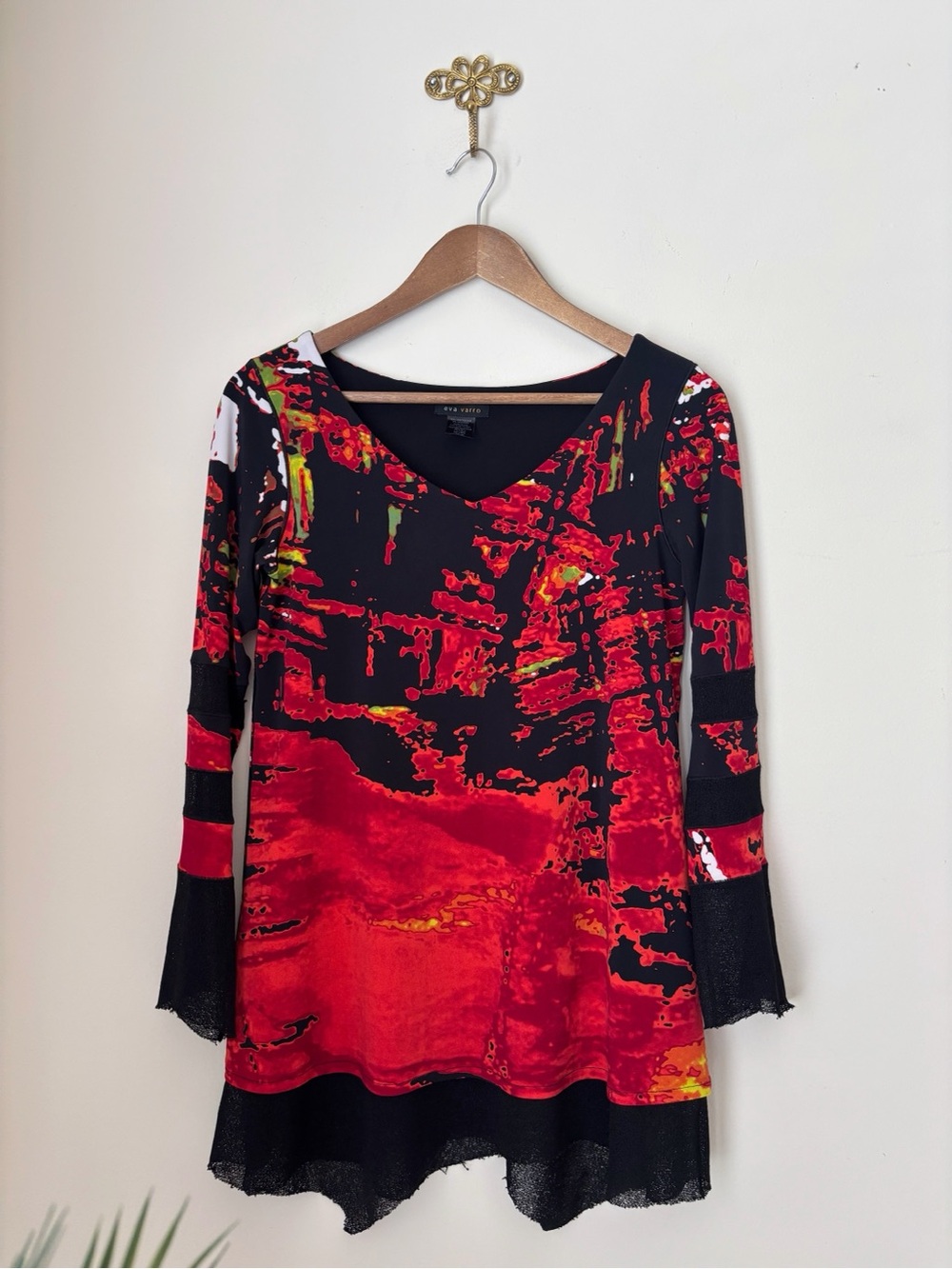 Eva Varro Abstract Print Mesh Trim Tunic Top XS Edgy Maximalist